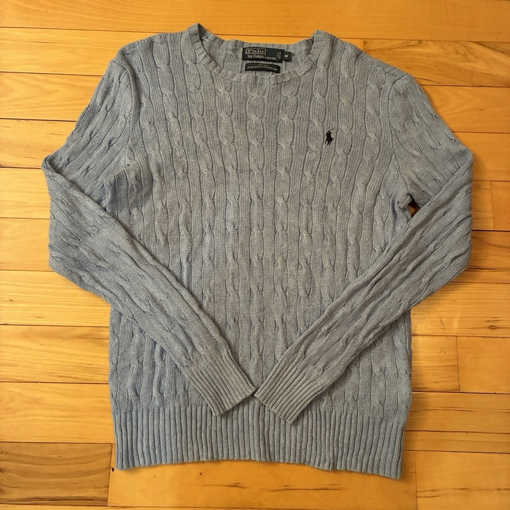 Polo Ralph Lauren Mens Medium 100% Silk Cable Knit Sweater Blue Crew Neck